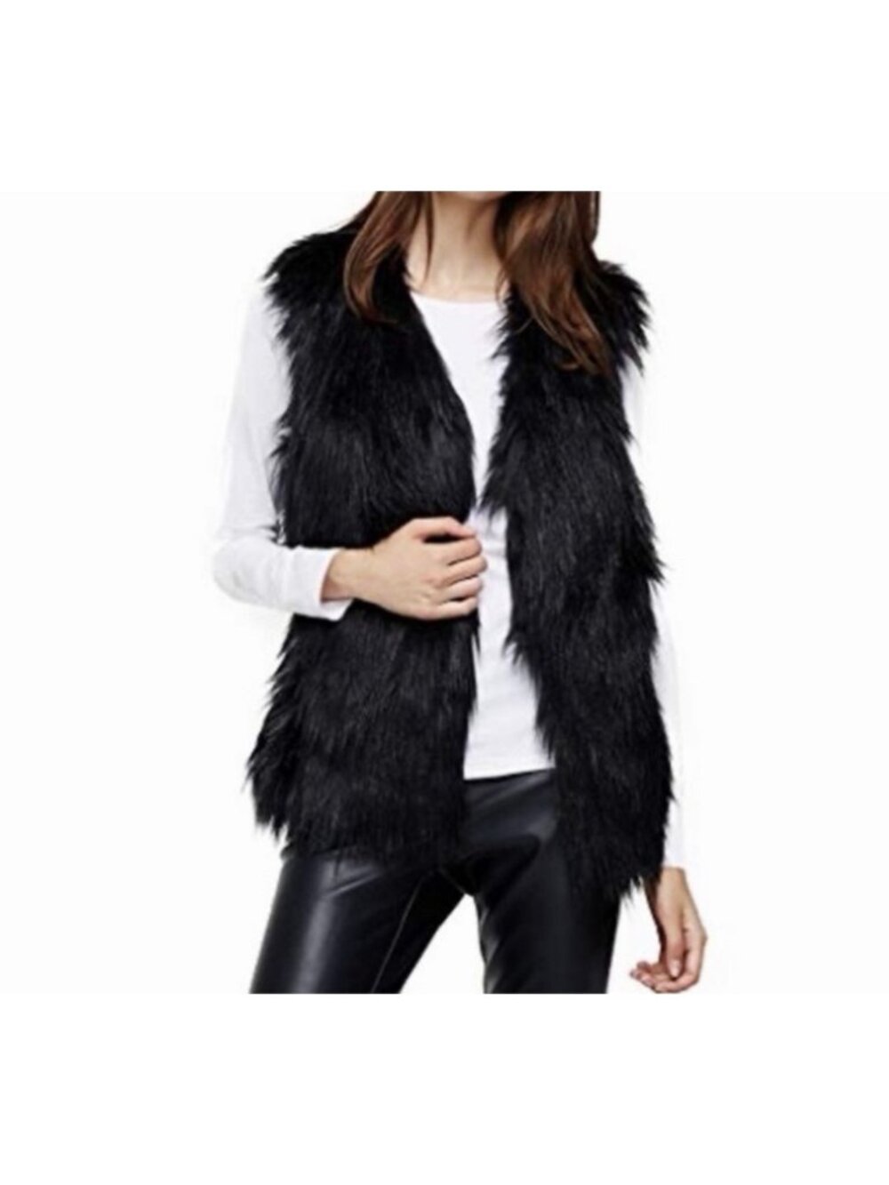 Faux Fur Vest Women L Black Boho Festival Open Front One Hook Fringe Ellison